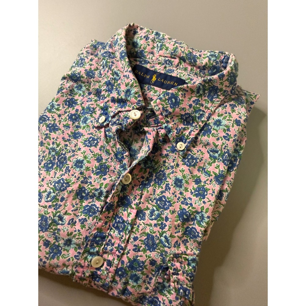 Ralph Lauren Mens Floral Cotton Button Down Shirt Pink Blue Long Sleeve Medium